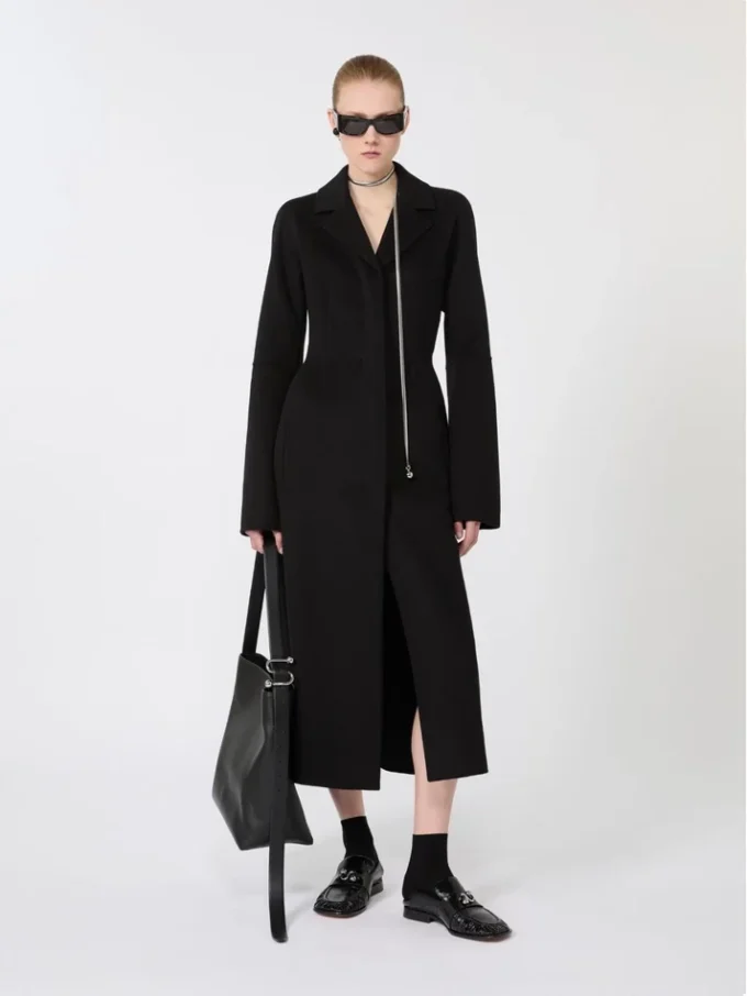 Slim-fit lange wollen jas, zwart Slim-fit lange wollen jas, zwart