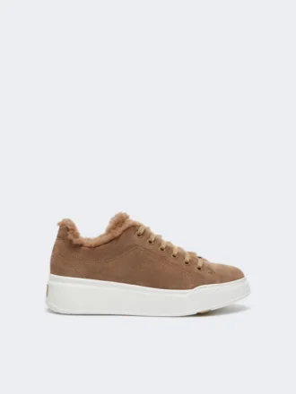 Sneakers van suède en teddybeerstof, hazelnootbruin