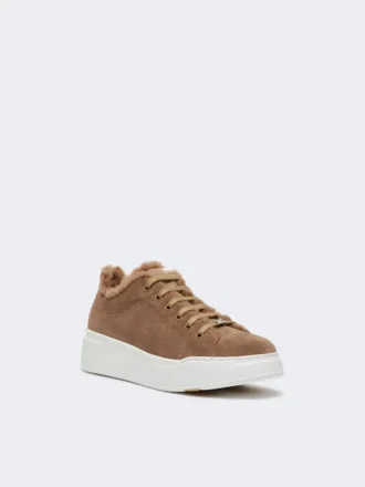 Sneakers van suède en teddybeerstof, hazelnootbruin