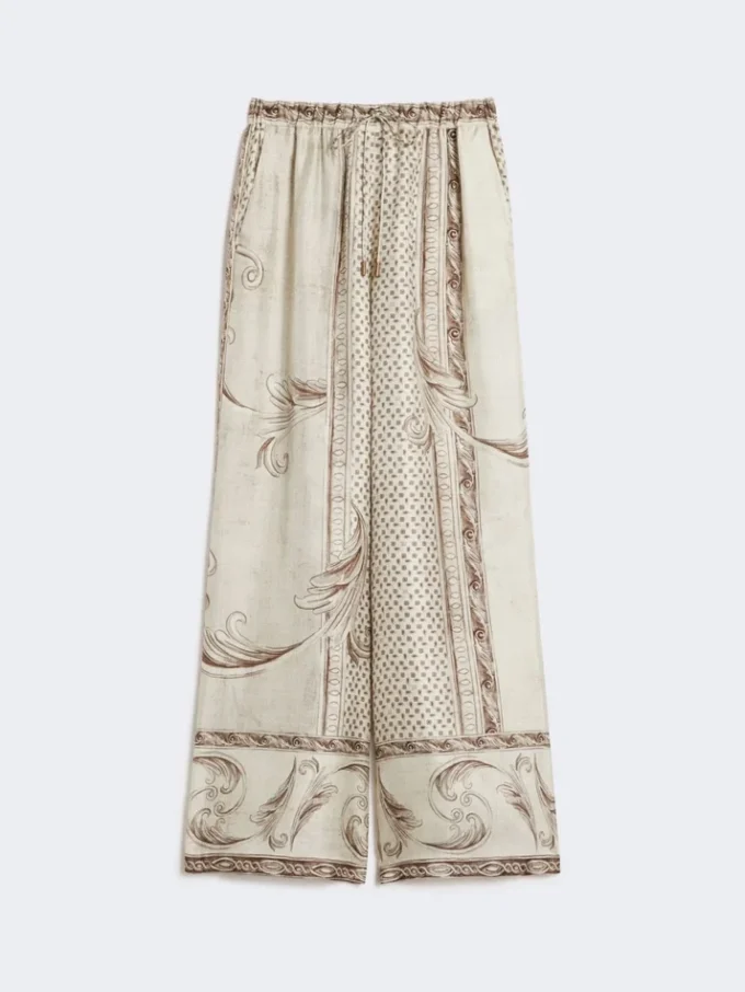 Soepelvallende zijden broek met print, ivoorkleurig Soepelvallende zijden broek met print, ivoorkleurig