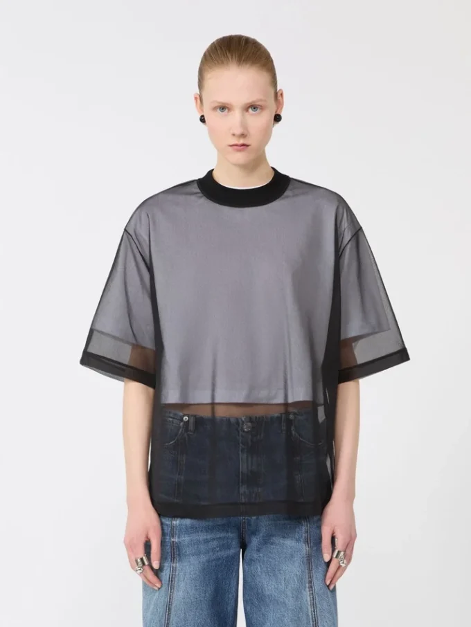 T-shirt met katoenen overlay, optisch wit T-shirt met katoenen overlay, optisch wit