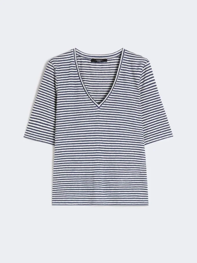 T-shirt met V-hals van stretch linnen jersey, ultramarijn T-shirt met V-hals van stretch linnen jersey, ultramarijn