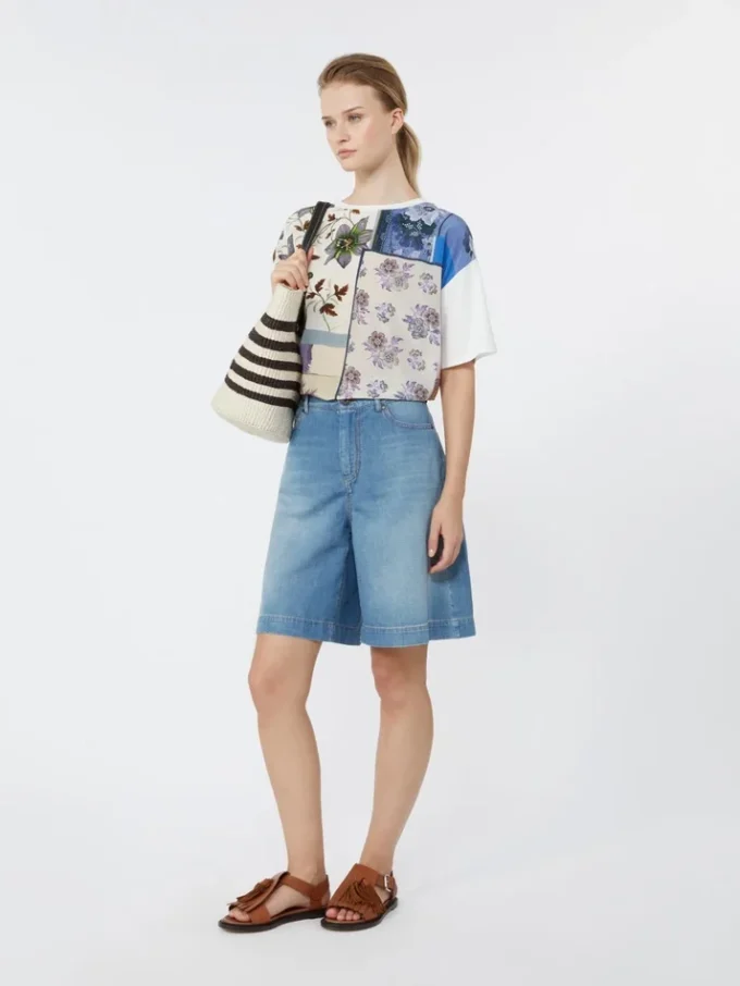 T-shirt van bedrukte zijde en stretchkatoenen jersey, veelkleurig