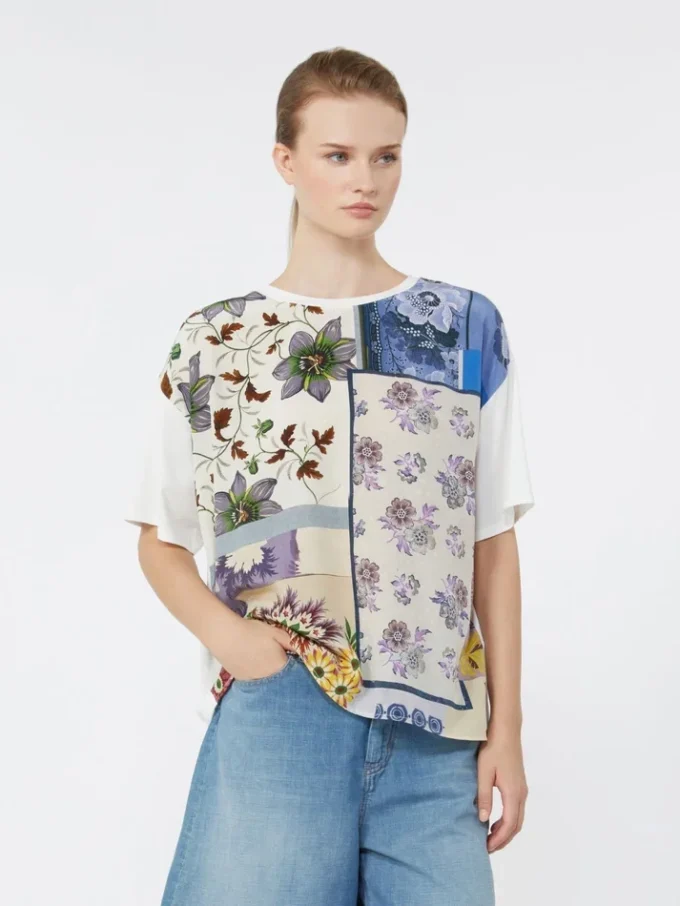 T-shirt van bedrukte zijde en stretchkatoenen jersey, veelkleurig