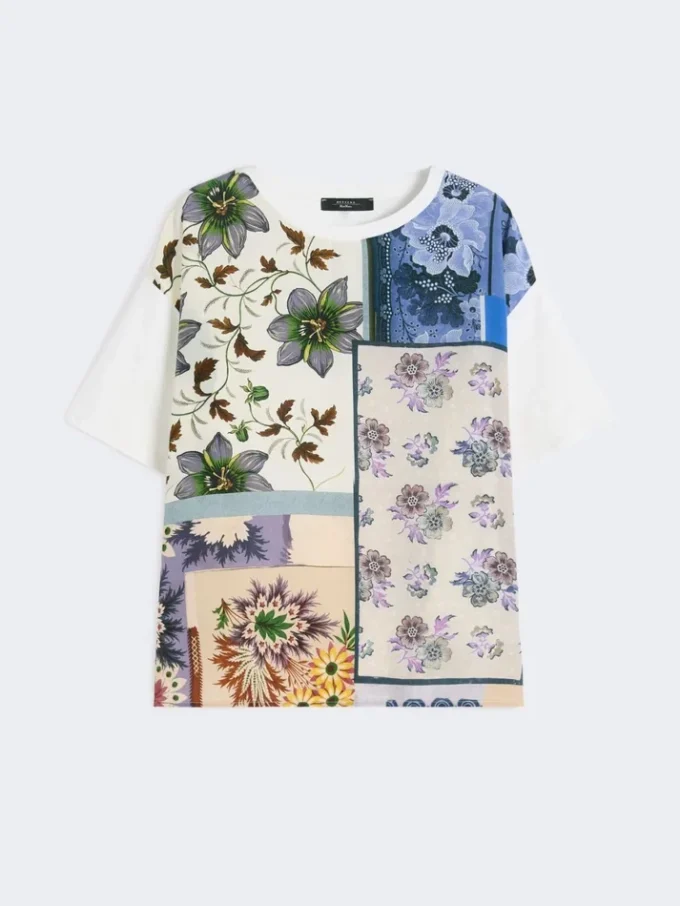 T-shirt van bedrukte zijde en stretchkatoenen jersey, veelkleurig