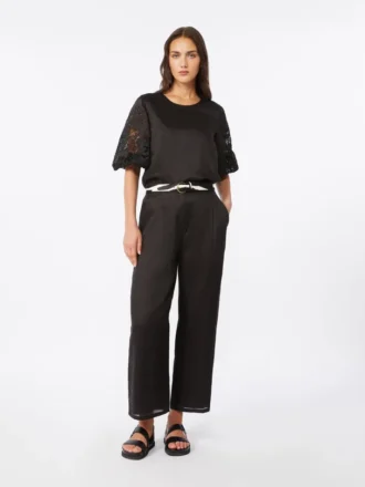 T-shirt van ramie-gaas en broderie anglaise, zwart