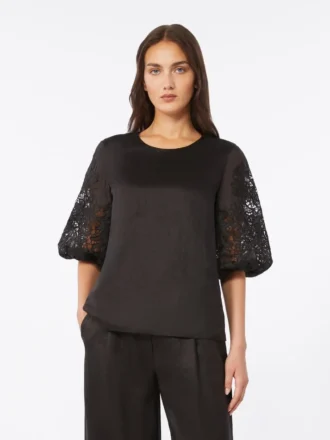 T-shirt van ramie-gaas en broderie anglaise, zwart