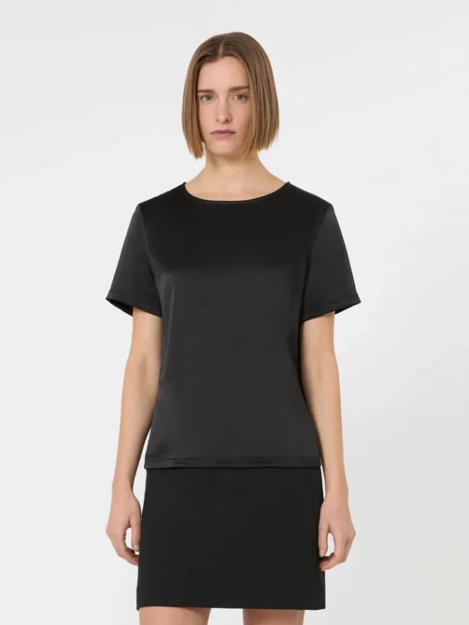 T-shirt van satijn en jersey, zwart