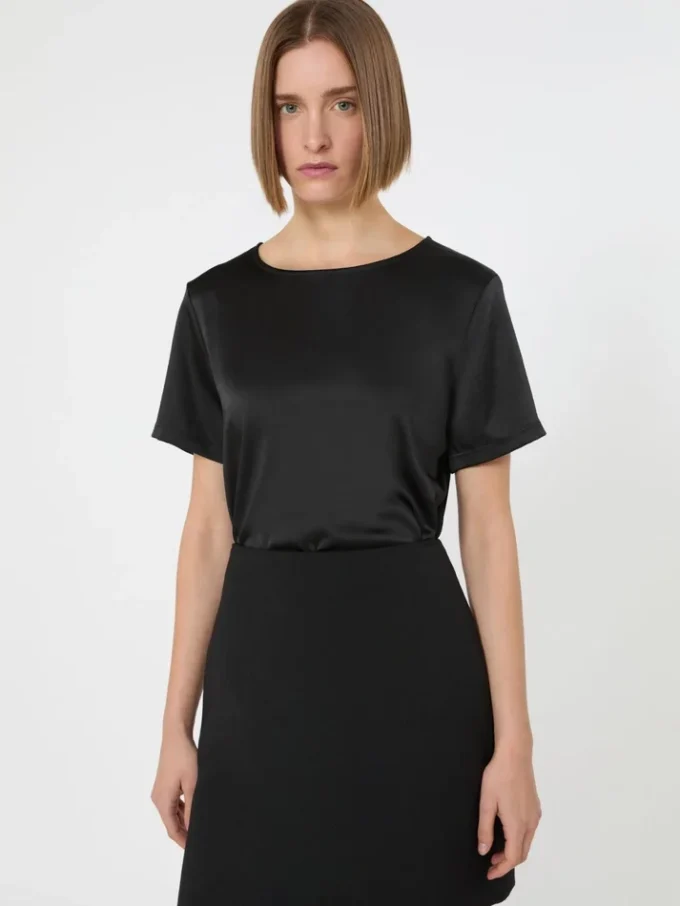 T-shirt van satijn en jersey, zwart