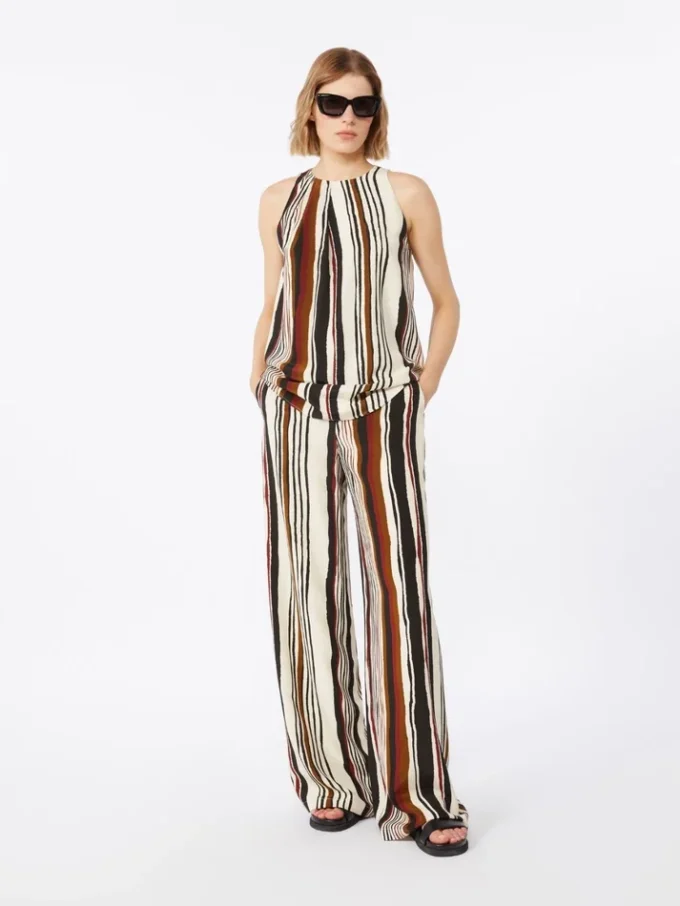 Gestreepte crêpe de chine broek, baksteenrood Gestreepte crêpe de chine broek, baksteenrood