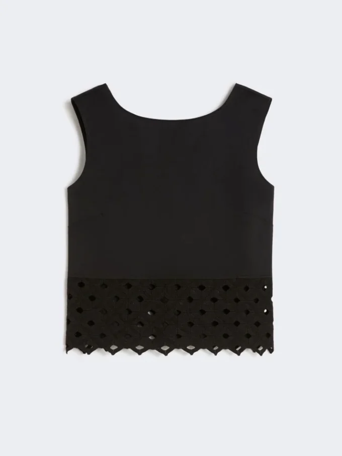 Top van popeline en macramé-kant, zwart Top van popeline en macramé-kant, zwart