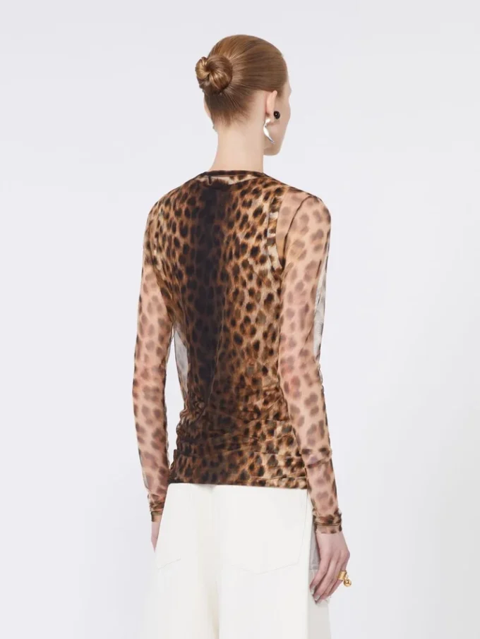 Top van twee materialen met dierenprint, beige