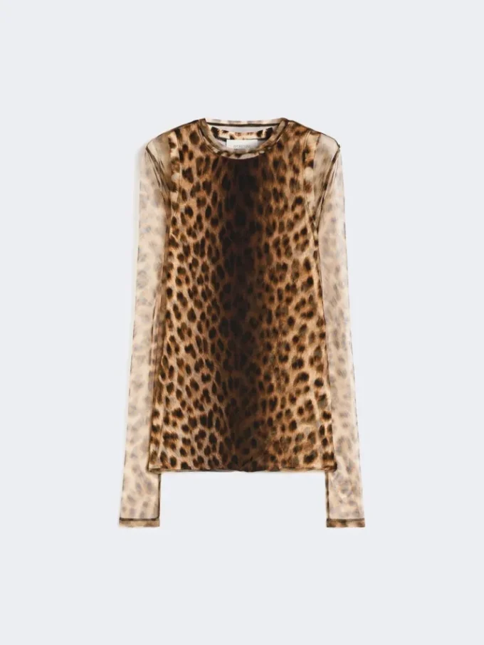 Top van twee materialen met dierenprint, beige