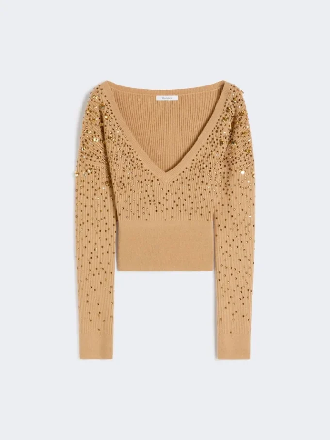 Trui met V-hals van wol en kasjmier, camel