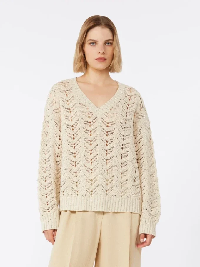 Trui van katoengaren en pailletten, beige Trui van katoengaren en pailletten, beige