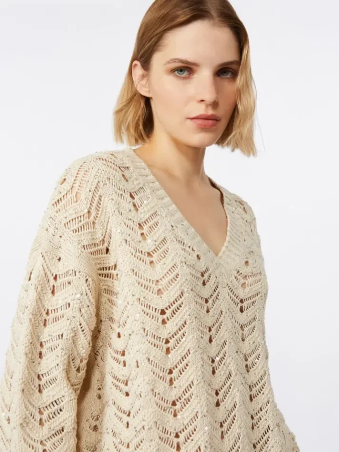 Trui van katoengaren en pailletten, beige Trui van katoengaren en pailletten, beige