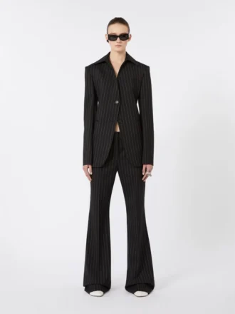 Uitlopende wollen broek met krijtstreep, zwart