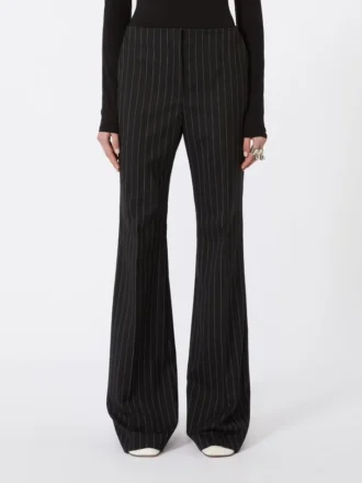 Uitlopende wollen broek met krijtstreep, zwart