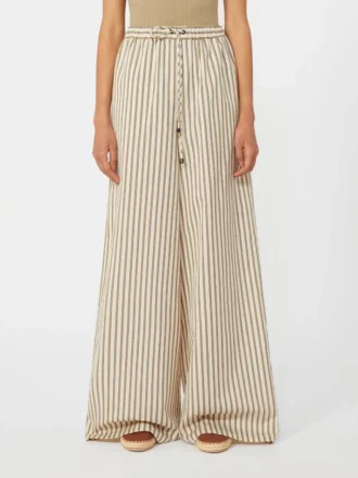 Wijde gestreepte broek van katoen en zijde, beige