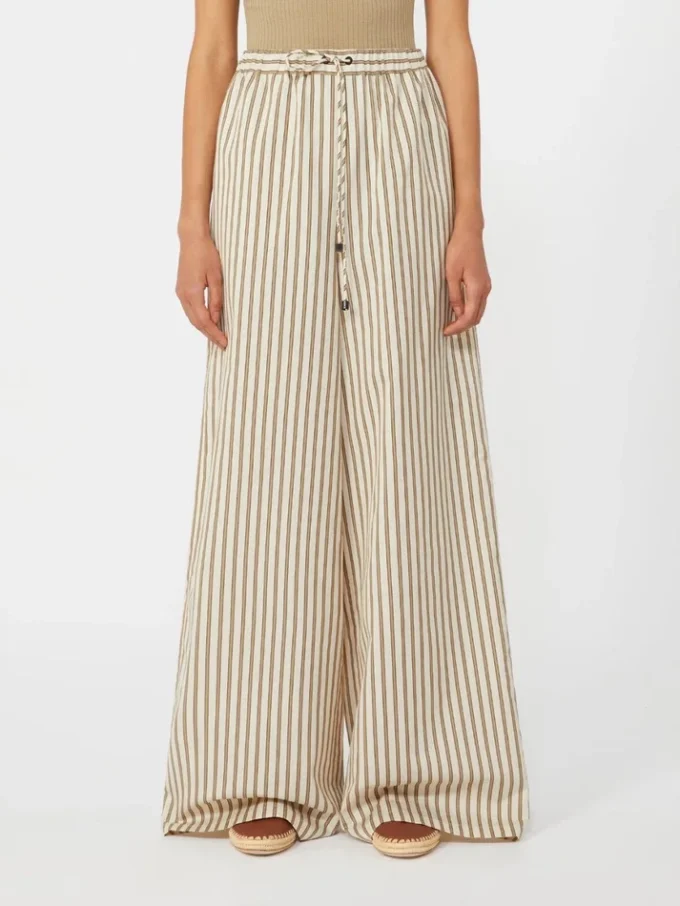 Wijde gestreepte broek van katoen en zijde, beige Wijde gestreepte broek van katoen en zijde, beige