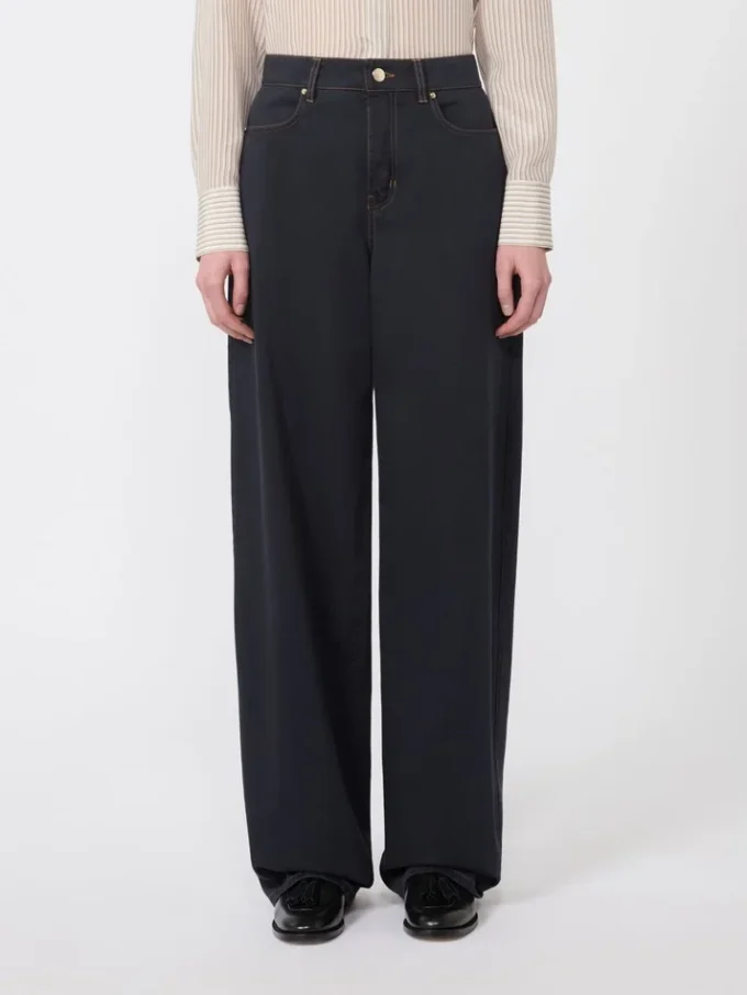 Wijdvallende broek van katoensatijn, marineblauw Wijdvallende broek van katoensatijn, marineblauw