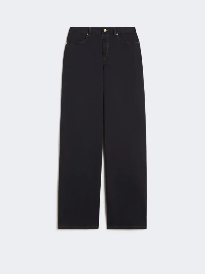 Wijdvallende broek van katoensatijn, marineblauw Wijdvallende broek van katoensatijn, marineblauw