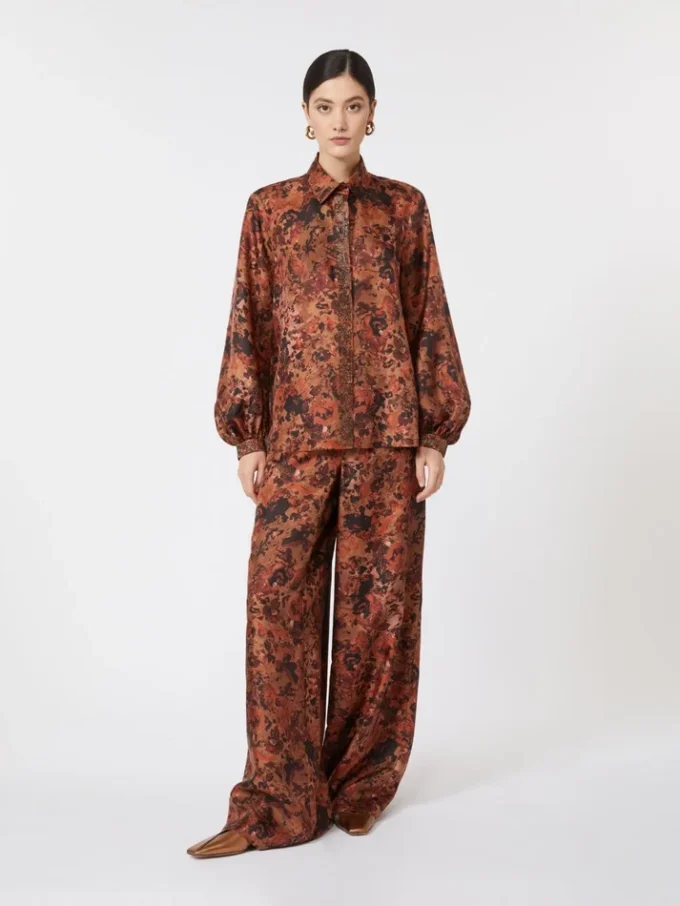 Wijdvallende zijden broek met print, terracotta Wijdvallende zijden broek met print, terracotta