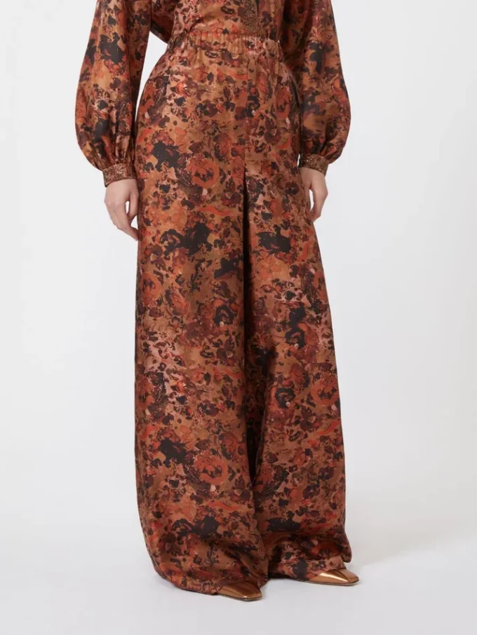 Wijdvallende zijden broek met print, terracotta Wijdvallende zijden broek met print, terracotta
