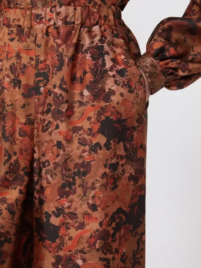 Wijdvallende zijden broek met print, terracotta Wijdvallende zijden broek met print, terracotta