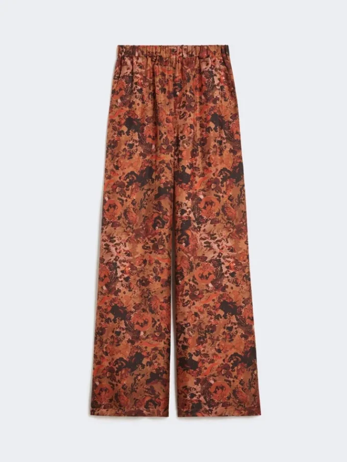 Wijdvallende zijden broek met print, terracotta Wijdvallende zijden broek met print, terracotta