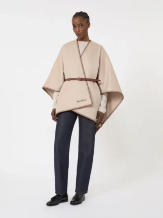 Wollen en kasjmier cape met riem, zandkleur