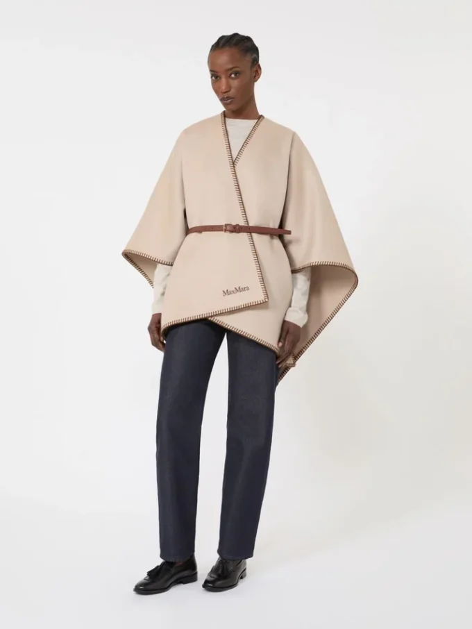 Wollen en kasjmier cape met riem, zandkleur