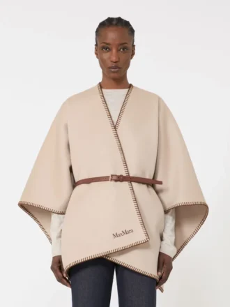Wollen en kasjmier cape met riem, zandkleur